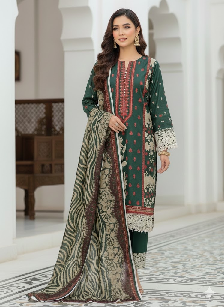 Elegant Lawn 3PC Unstitched Suit with Lawn Dupatta